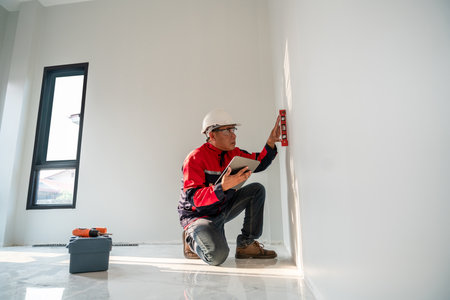 Asian engineer or senior specialist with inspector toolbox is using water level to inspect...