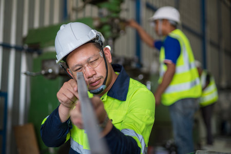 Asian young engineer inspecting workpieces in industrial factory with the back has worker working at lathe.の写真素材