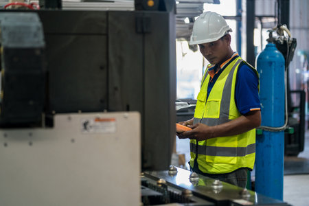 Asian engineer or worker is using remote control to control steel laser cutting machine in factory....