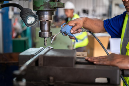 A worker using scrap dust blower at lathe in factory.