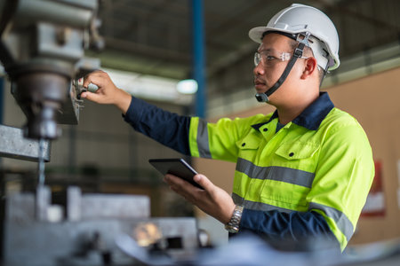 Asian industrial workers are working in the factory. Machine engineers or mechanical technicians, Industry factory worker, Mechanical engineering team production.の写真素材