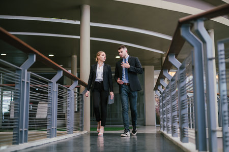 Two business colleagues having discussion with using a digital tablet whilst walking outside office. Communication concept.の写真素材