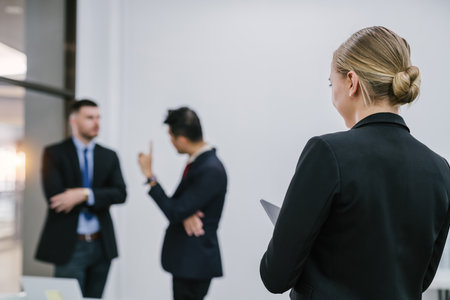 A secretary woman is writing on a computer tablet while standing in the meeting room. Female secretary meeting recording concept.の写真素材