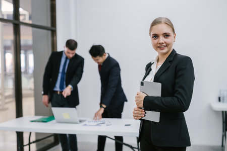 Portrait of Caucasian business people of female mature Caucasian ceo businessman leader with diverse coworkers team.の写真素材