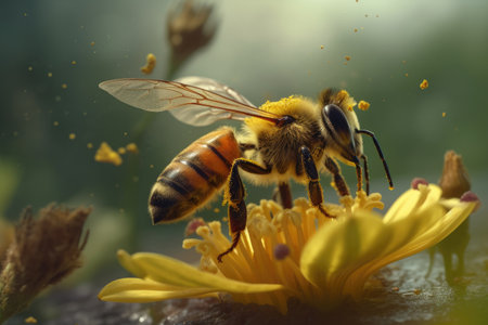 Bees are bringing pollen back to the honeycomb. Worker bee. Generative aiの素材