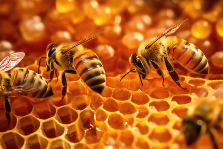 Honeybees working diligently inside their hive, meticulously crafting honeycomb cells filled with glistening. Worker bees. Generative aiの素材