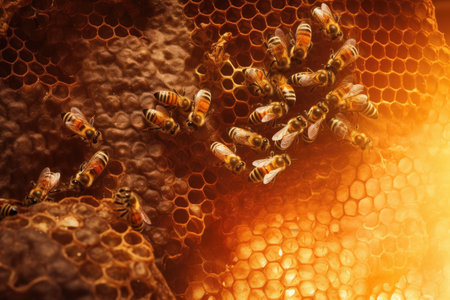 Honeybees working diligently inside their hive, meticulously crafting honeycomb cells filled with glistening. Worker bees. Generative aiの素材