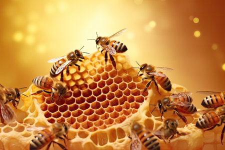 Honeybees working diligently inside their hive, meticulously crafting honeycomb cells filled with glistening. Worker bees. Generative aiの素材