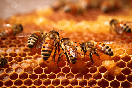 Honeybees working diligently inside their hive, meticulously crafting honeycomb cells filled with glistening. Worker bees. Generative aiの素材