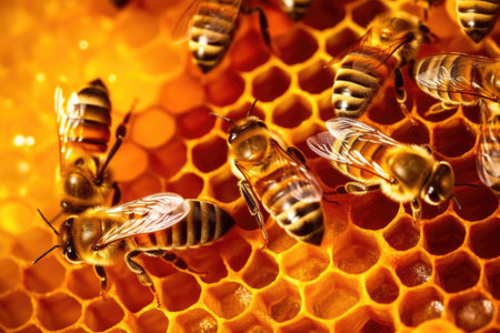 Honeybees working diligently inside their hive, meticulously crafting honeycomb cells filled with glistening. Worker bees. Generative aiの素材