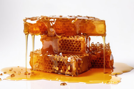 Honeycomb and honey on white background. Honey. Generative aiの素材