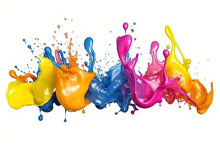 Mix colored liquid splashes. oil or ink splashing dynamic motion, design elements for advertising isolated on white background . Colorful. Generative aiの素材