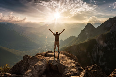 A man success on the mountain in beautiful nature. Success concept. Generative AIの素材