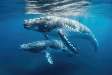 Mother and baby humpback whale plays near the surface in blue water. Humpback whale in pacific sea. Generative aiの素材
