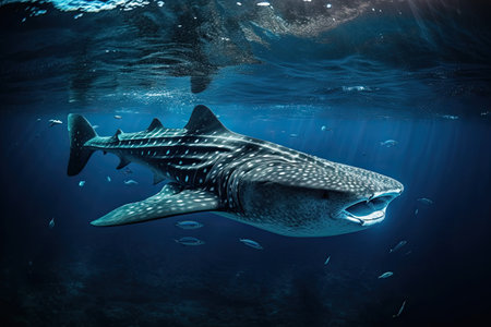A whale shark plays near the surface in blue water. Whale shark in pacific sea. Generative aiの素材