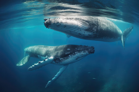 Mother and baby humpback whale plays near the surface in blue water. Humpback whale in pacific sea. Generative aiの素材