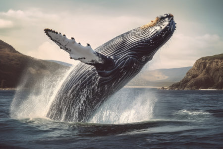 Humpback whale jumping out of the water. The whale is spraying water and ready to fall on its back. Humpback whale in pacific sea. Generative aiの素材