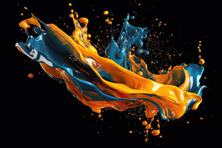 Mix orange blue liquid splashes. oil or ink splashing dynamic motion, design elements for advertising isolated on black background. oil paint. Generative ai.の素材