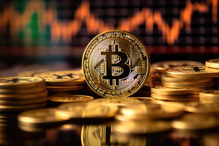 Bitcoin gold coin and defocused chart background. Cryptocurrency bitcoin the future coin. Generative Ai.の素材