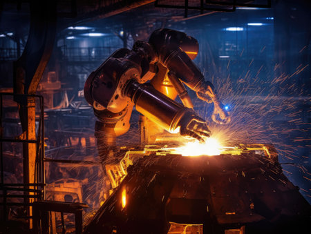 Robots steel welding in a production line at factory. Heavy industry. Artificial intelligence, Generative AI.の素材