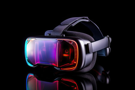 VR goggles. Metaverse. Future game and entertainment digital technology. VR virtual reality glasses on dark background. neon light. Generative AIの素材