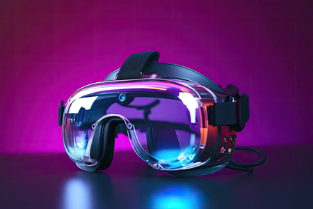 VR goggles. Metaverse. Future game and entertainment digital technology. VR virtual reality glasses on dark background. neon light. Generative AIの素材