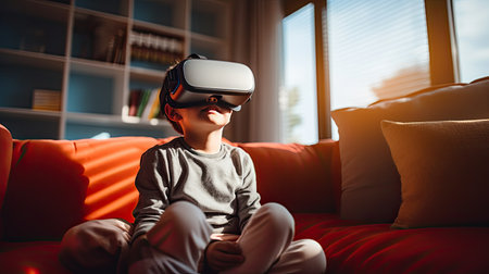 Excite young boy playing online game with vr glasses and controllers at home. Generative AIの素材