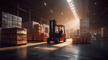 Forklift lifting product pallets in large warehouse. Generative Aiの素材