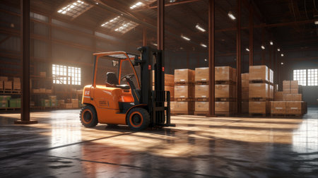 Forklift lifting product pallets in large warehouse. Generative Aiの素材
