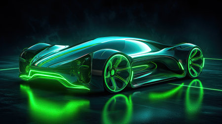A futuristic electric car with motion green lighting. Automotive innovation and technology concepts. Generative Aiの素材