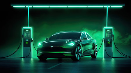 An Electric car at charging station. Front view electric car silhouette with green glowing on dark background. Automotive technology concept. Generative Aiの素材