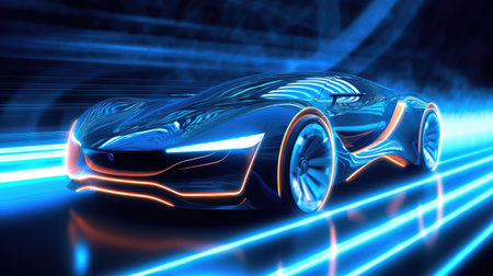 An EV car with motion lighting. Automotive innovation and technology concepts. Generative Aiの素材