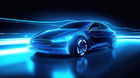 An EV car with motion lighting. Automotive innovation and technology concepts. Generative Aiの素材