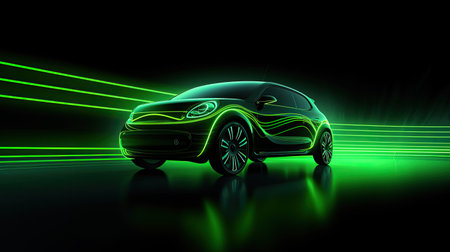 An EV car with motion lighting. Automotive innovation and technology concepts. Generative Aiの素材
