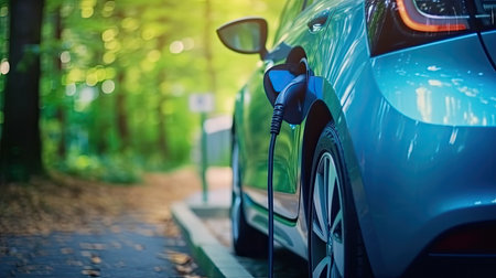 An EV Car or Electric vehicle at charging station with the power cable supply plugged in nature. Eco-friendly sustainable energy concept. Generative Aiの素材