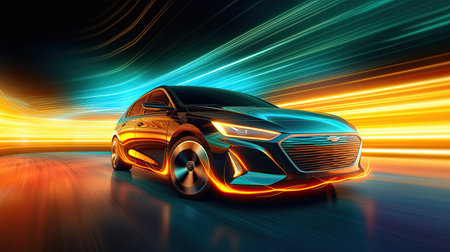 An EV car with motion lighting. Automotive innovation and technology concepts. Generative Aiの素材