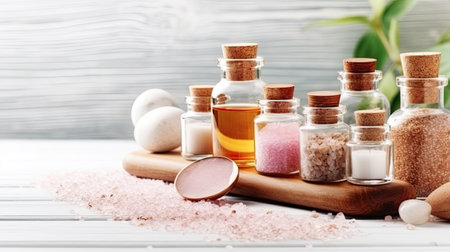 Beauty treatment items for spa procedures on white wooden table. massage stones, essential oils and sea salt. Beauty spa. Generative Aiの素材