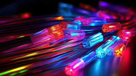 Colored electric cables and led. Optical fiber, background for technology image and new business trends created. Generative Aiの素材