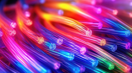Colored electric cables and led. Optical fiber, background for technology image and new business trends created. Generative Aiの素材