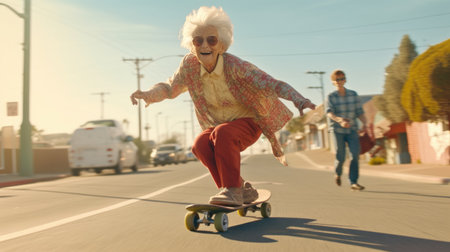 Old lady skating on road with fun. Generative aiの素材