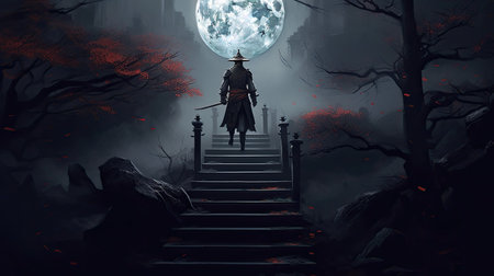 A samurai standing on stairway in night forest with the moon on background. japanese samurai. Wallpaper. Generative aiの素材