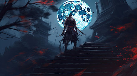 A samurai standing on stairway in night forest with the moon on background. japanese samurai. Wallpaper. Generative aiの素材