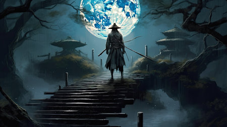 A samurai standing on stairway in night forest with the moon on background. japanese samurai. Wallpaper. Generative aiの素材
