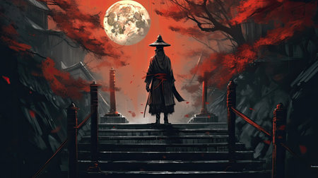 A samurai standing on stairway in night forest with the moon on background. japanese samurai. Wallpaper. Generative aiの素材