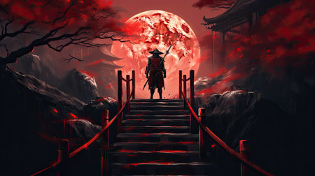 A samurai standing on stairway in night forest with the moon on background. japanese samurai. Wallpaper. Generative aiの素材