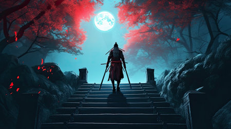 A samurai standing on stairway in night forest with the moon on background. japanese samurai. Wallpaper. Generative aiの素材