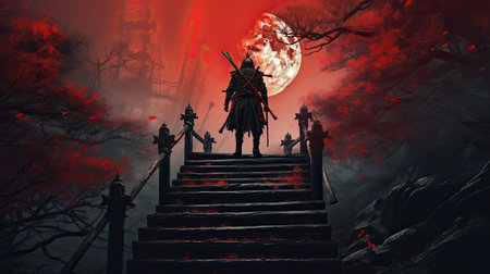 A samurai standing on stairway in night forest with the moon on background. japanese samurai. Wallpaper. Generative aiの素材