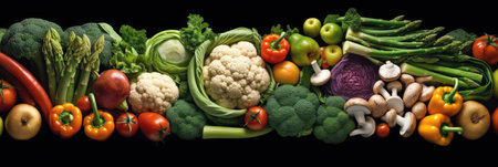 Assortment of fresh vegetables. Food background with assortment of fresh organic vegetables. Fresh vegetables. wide banner. Generative AIの素材