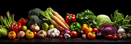 Assortment of fresh vegetables. Food background with assortment of fresh organic vegetables. Fresh vegetables. wide banner. Generative AIの素材
