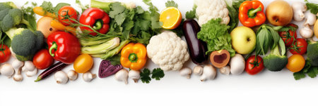 Assortment of fresh vegetables. Food background with assortment of fresh organic vegetables. Fresh vegetables. wide banner. Generative AIの素材